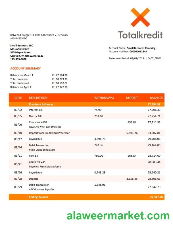 Totalkredit Bank organization account statement Word and PDF